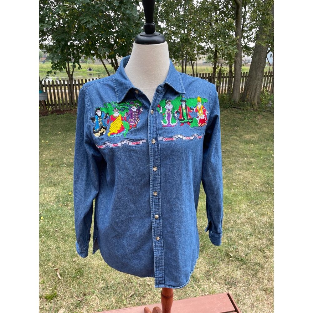 Santa of the World Holiday Embroidered Denim Shirt Small Teachercore